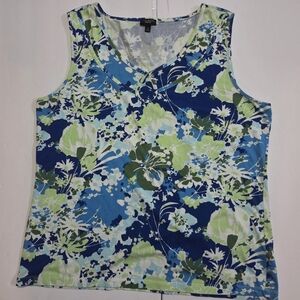 Talbots Women's XL Sleeveless Top,  Blue And Green Floral Print, V-Neck